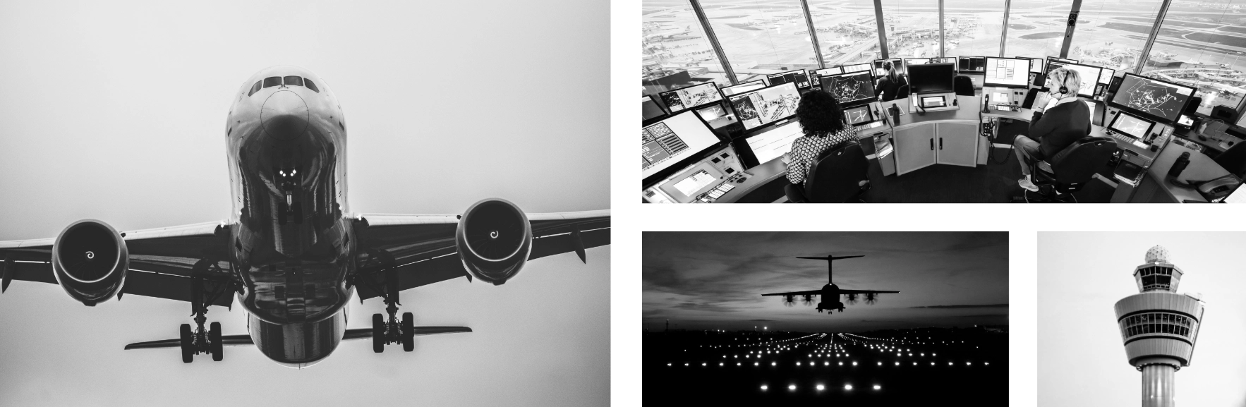 Aviation collage with aircraft and control tower views.