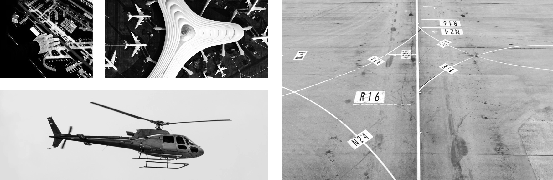 Collage showing aviation systems, airport infrastructure and aircraft operations